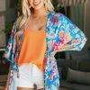 Umgee Azure Floral Tie Front Kimono With Side Slits Tops