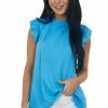 FSL APPAREL Azure Short Ruffle Sleeve High Neck Blouse Tops
