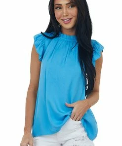 FSL APPAREL Azure Short Ruffle Sleeve High Neck Blouse Tops