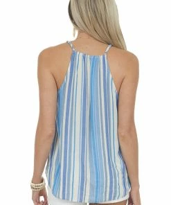 Staccato Azure Striped Surplice Blouson Tank Top Tops