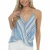 Staccato Azure Striped Surplice Blouson Tank Top Tops