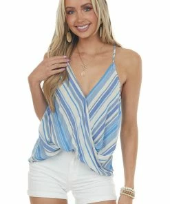 Staccato Azure Striped Surplice Blouson Tank Top Tops