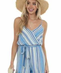 Staccato Dresses Azure Striped Surplice Romper With Waist Tie