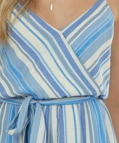 Staccato Dresses Azure Striped Surplice Romper With Waist Tie