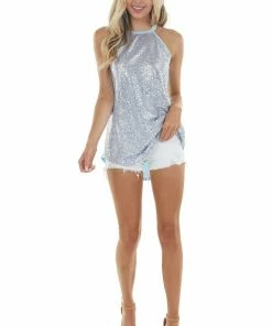 CY Fashion Tops Baby Blue And Slate Mini Sequined Sleeveless Knit Halter Top 20 CY Fashion Tops Baby Blue And Slate Mini Sequined Sleeveless Knit Halter Top