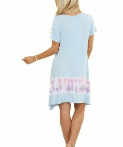 FSL APPAREL Dresses Baby Blue Tie Dye Short Sleeve Swing Knit Dress With Pockets