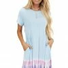 FSL APPAREL Dresses Baby Blue Tie Dye Short Sleeve Swing Knit Dress With Pockets