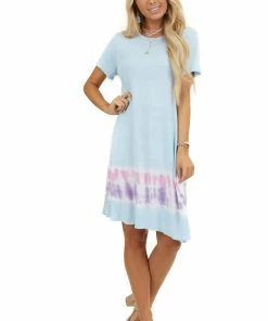FSL APPAREL Dresses Baby Blue Tie Dye Short Sleeve Swing Knit Dress With Pockets