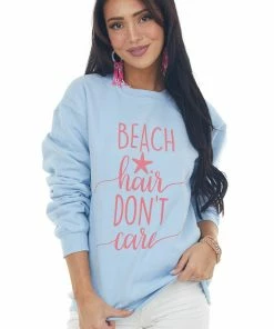 Blume+Co Tops Baby Blue'Beach Hair Don't Care' Sweatshirt