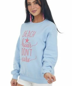 Blume+Co Tops Baby Blue 'Beach Hair Don't Care' Sweatshirt