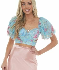 HYFVE Baby Blue Floral Bubble Sleeve Ruched Crop Top