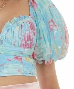 HYFVE Baby Blue Floral Bubble Sleeve Ruched Crop Top