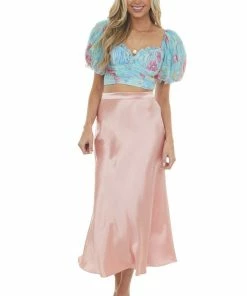 HYFVE Baby Blue Floral Bubble Sleeve Ruched Crop Top