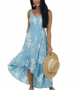 ANGIE Dresses Baby Blue Floral Print Sleeveless High Low Dress 12 ANGIE Dresses Baby Blue Floral Print Sleeveless High Low Dress