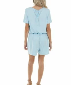 Lime 'N' Chili Dresses Baby Blue Short Sleeve Knit Romper With Elastic Waistband
