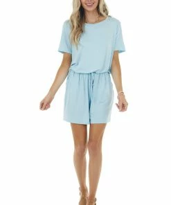 Lime 'N' Chili Dresses Baby Blue Short Sleeve Knit Romper With Elastic Waistband