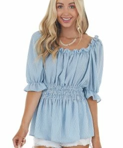 My Story Baby Blue Striped Short Sleeve Top With Smocked Detail