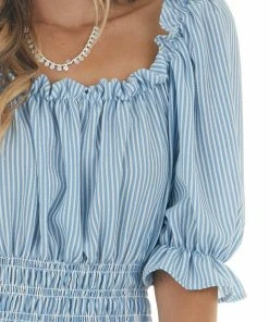 My Story Baby Blue Striped Short Sleeve Top With Smocked Detail