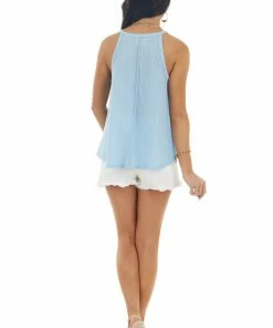 Fantastic Fawn Baby Blue Waffle Knit Tank Top With Out Seam Details Tops