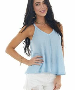 Fantastic Fawn Baby Blue Waffle Knit Tank Top With Out Seam Details Tops