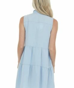 Umgee Dresses Baby Blue Washed Button Down Frayed Hem Dress