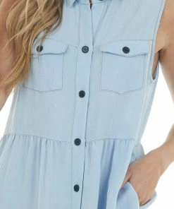 Umgee Dresses Baby Blue Washed Button Down Frayed Hem Dress