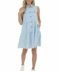 Umgee Dresses Baby Blue Washed Button Down Frayed Hem Dress