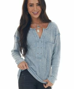 BiBi Baby Blue Washed Thermal Knit Chest Pocket Top
