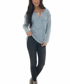 BiBi Baby Blue Washed Thermal Knit Chest Pocket Top