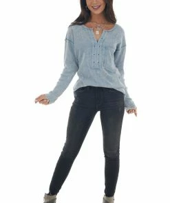 BiBi Baby Blue Washed Thermal Knit Chest Pocket Top