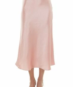 HYFVE Baby Pink A-Line Satin Woven Midi Skirt
