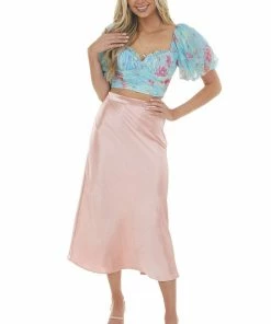 HYFVE Baby Pink A-Line Satin Woven Midi Skirt