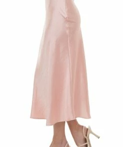 HYFVE Baby Pink A-Line Satin Woven Midi Skirt