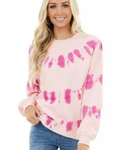 LE LIS Baby Pink And Fuchsia Tie Dye Sweatshirt With Ribbed Detail Tops