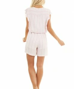 Promesa Baby Pink And Ivory Striped Romper With Ruffle Sleeves Dresses