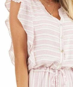 Promesa Baby Pink And Ivory Striped Romper With Ruffle Sleeves Dresses