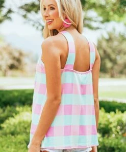 BiBi Baby Pink Buffalo Plaid Halter Neck Tank Top Tops