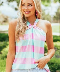 BiBi Baby Pink Buffalo Plaid Halter Neck Tank Top Tops
