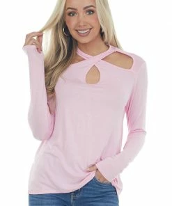 143 Story Baby Pink Criss Cross Front Cut Out Knit Top