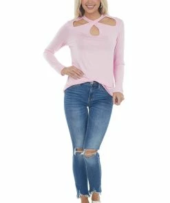 143 Story Baby Pink Criss Cross Front Cut Out Knit Top