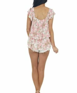 Ces Femme Baby Pink Floral Print Ruffle Tiered Woven Top Tops