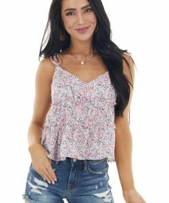 HYFVE Baby Pink Floral Print Sleeveless Blouse With Tie Straps
