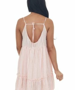 HYFVE Baby Pink Gingham Stripe Print Tiered Dress