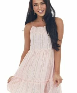 HYFVE Baby Pink Gingham Stripe Print Tiered Dress