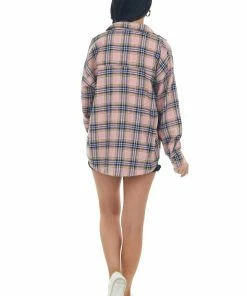 Fantastic Fawn Tops Baby Pink Plaid Collared Chest Pocket Flannel