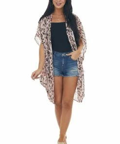 Umgee Baby Pink Printed Metallic Threaded Kimono Tops