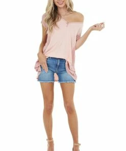CY Fashion Tops Baby Pink Short Sleeve Knit Top With Dusty Blush Contrast