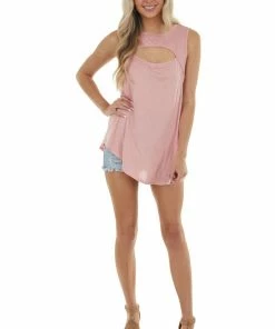 My Story Tops Baby Pink Sleeveless Stretchy Knit Top With Cut Out Detail