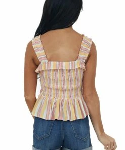 ANGIE Baby Pink Striped Smocked Peplum Tank Top 12 ANGIE Baby Pink Striped Smocked Peplum Tank Top