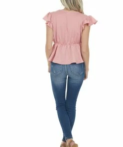 Entro Baby Pink V Neck Short Flutter Sleeve Blouse
